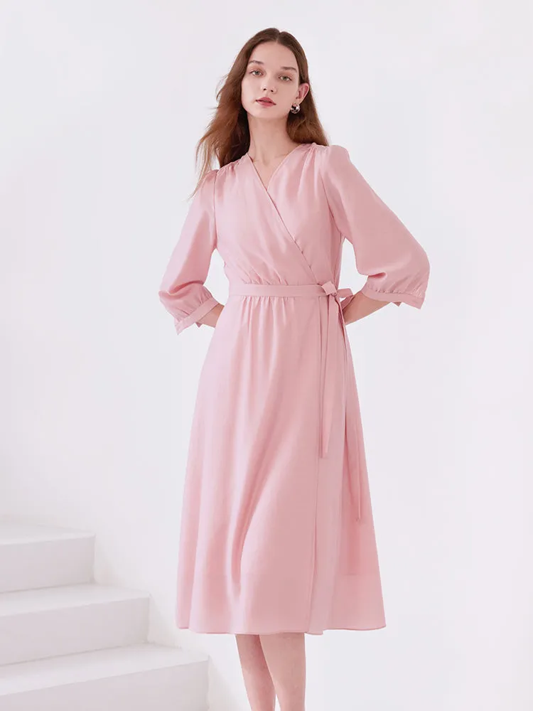 Pink V-Neck Lace Up Wrap Midi Dress sold by Goelia product image thumbnail 4