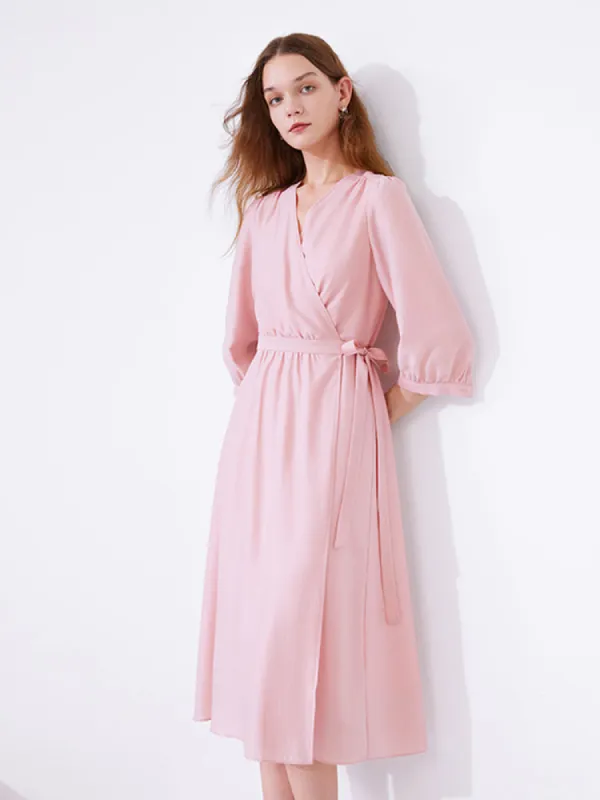 Pink V-Neck Lace Up Wrap Midi Dress sold by Goelia