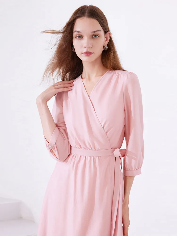 Pink V-Neck Lace Up Wrap Midi Dress sold by Goelia product image thumbnail 5