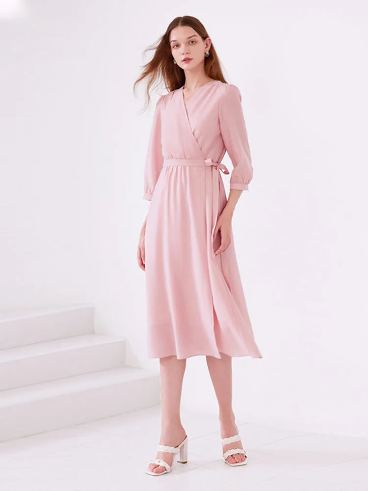 Pink V-Neck Lace Up Wrap Midi Dress sold by Goelia product image thumbnail 3