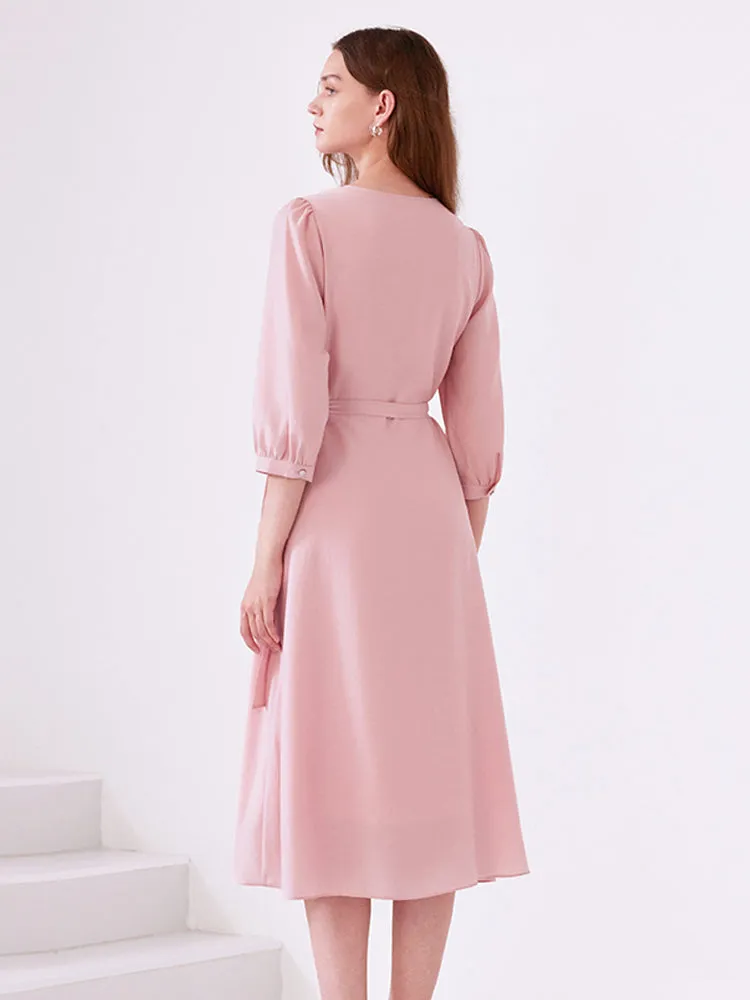 Pink V-Neck Lace Up Wrap Midi Dress sold by Goelia product image thumbnail 2