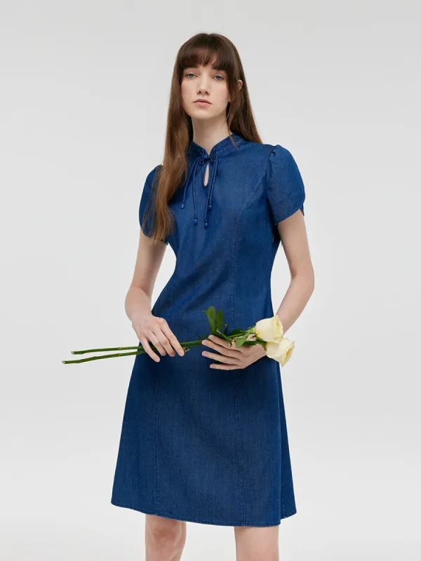 Denim Petal Sleeves Women Qipao Mini Dress sold by Goelia