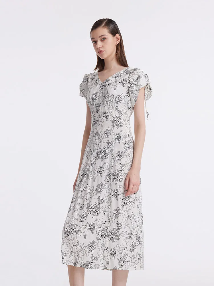 20 Momme Mulberry Silk Iris Print Drawstring Sleeves Women Midi Dress sold by Goelia product image thumbnail 4