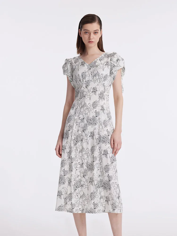 20 Momme Mulberry Silk Iris Print Drawstring Sleeves Women Midi Dress sold by Goelia