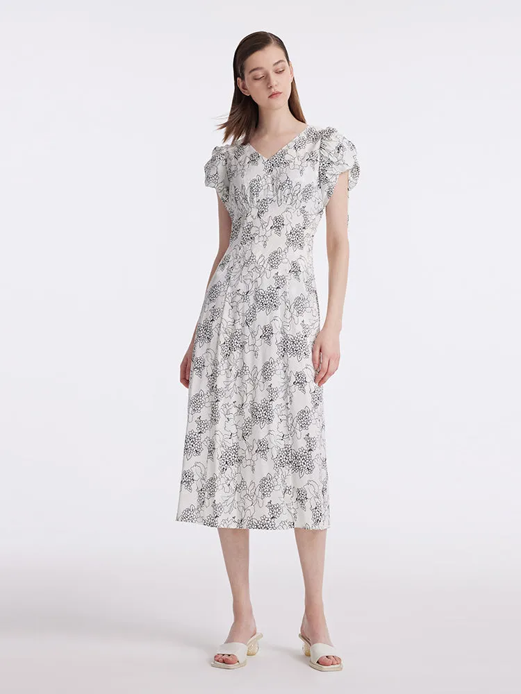 20 Momme Mulberry Silk Iris Print Drawstring Sleeves Women Midi Dress sold by Goelia product image thumbnail 2