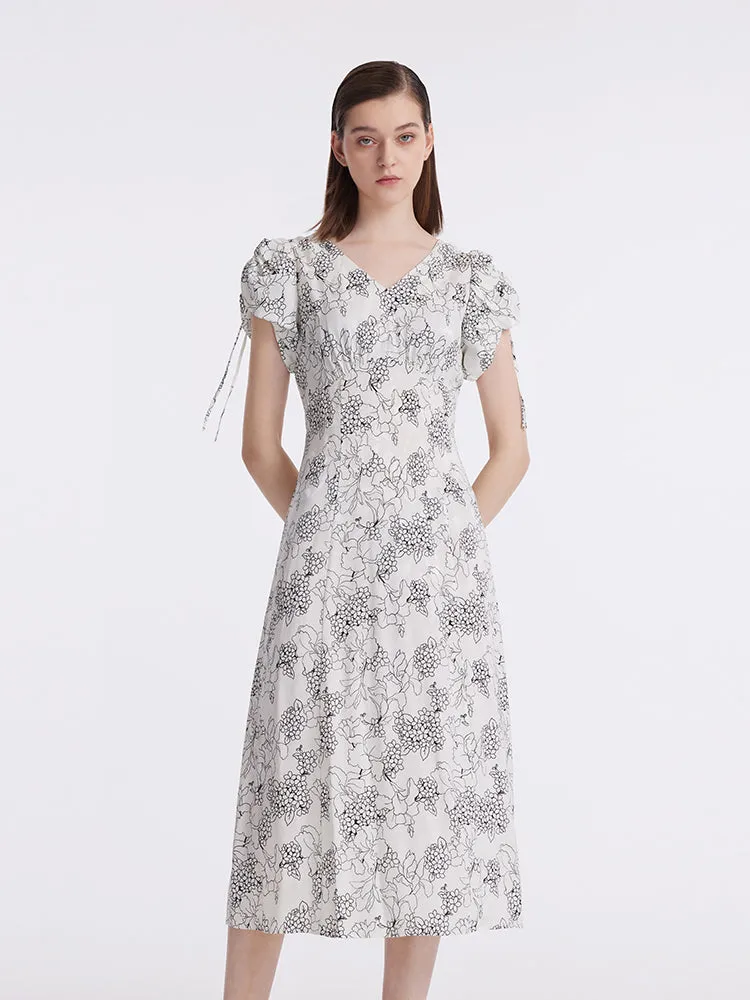 20 Momme Mulberry Silk Iris Print Drawstring Sleeves Women Midi Dress sold by Goelia product image thumbnail 3