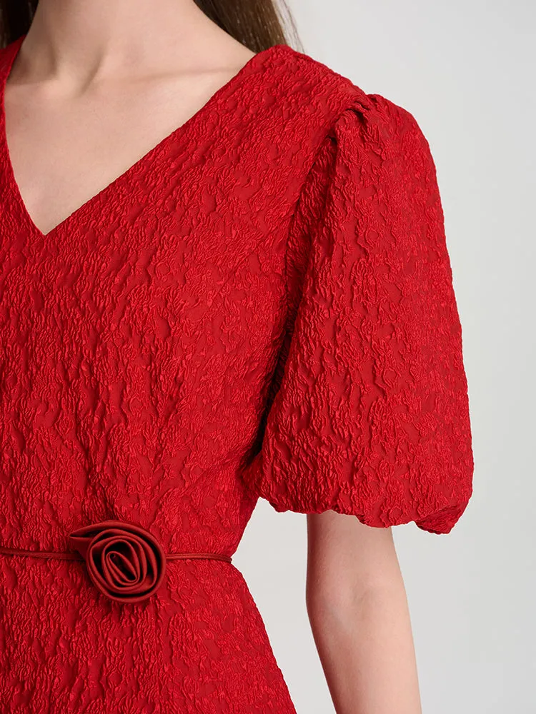 Jacquard V-Neck Women Mini Dress With 3D Rose Belt sold by Goelia product image thumbnail 5