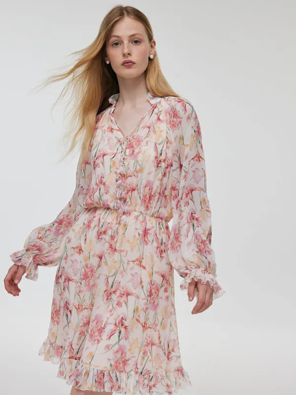 10 Momme Mulberry Silk Iris Print Ruffle Women Mini Dress sold by Goelia