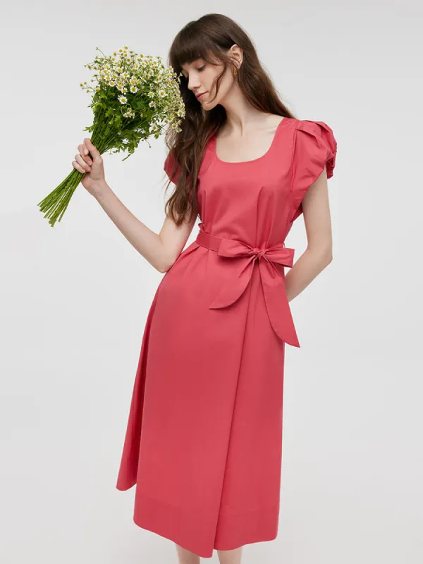 U-Neck Women Midi Dress With Belt sold by Goelia
