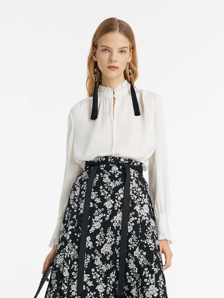 Diacetate Ruffle Mandarin Collar Women Blouse sold by Goelia