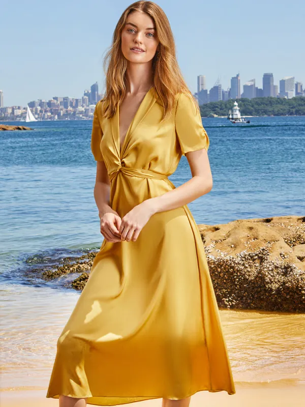 22 Momme Silk Resort Style Twisted Knot Gathered Waist Midi Dress sold by Goelia