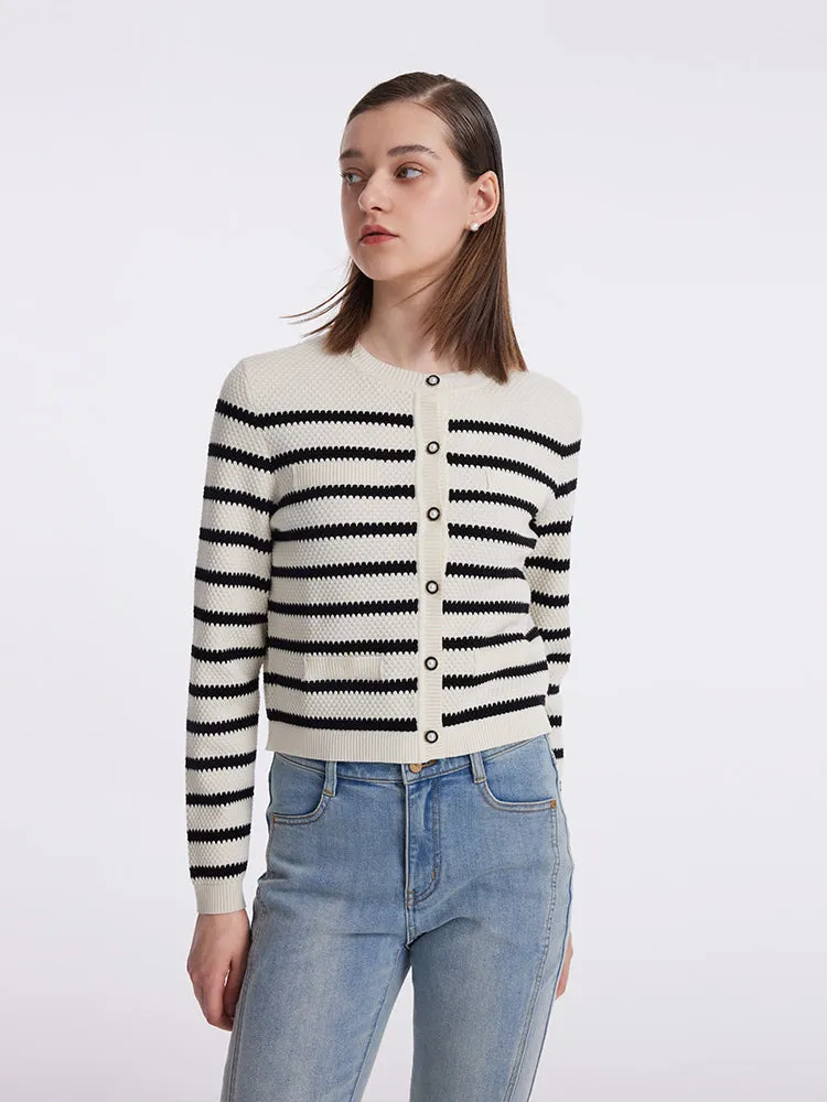 Striped Pearl Button Knitted Women Cardigan sold by Goelia product image thumbnail 3