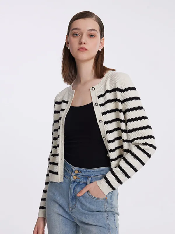 Striped Pearl Button Knitted Women Cardigan made by Goelia
