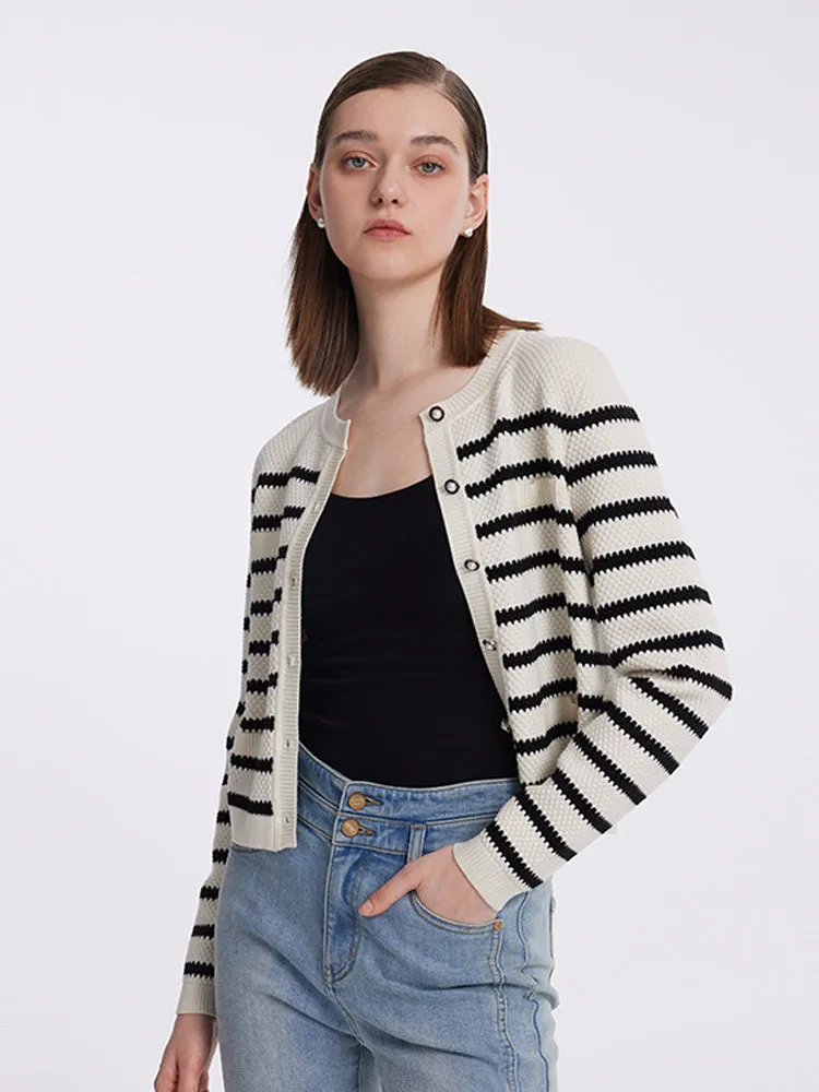 Striped Pearl Button Knitted Women Cardigan sold by Goelia