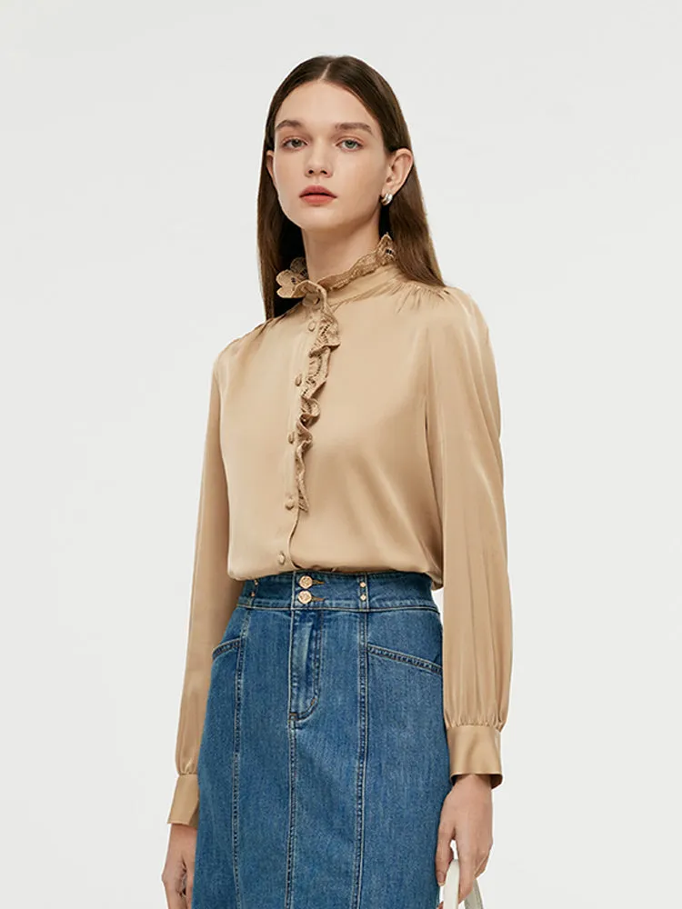 19 Momme Mulberry Silk Ruffle Stand Collared Women Shirt sold by Goelia product image thumbnail 5