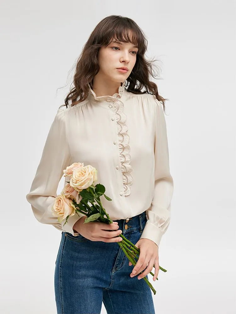 19 Momme Mulberry Silk Ruffle Stand Collared Women Shirt sold by Goelia product image thumbnail 2