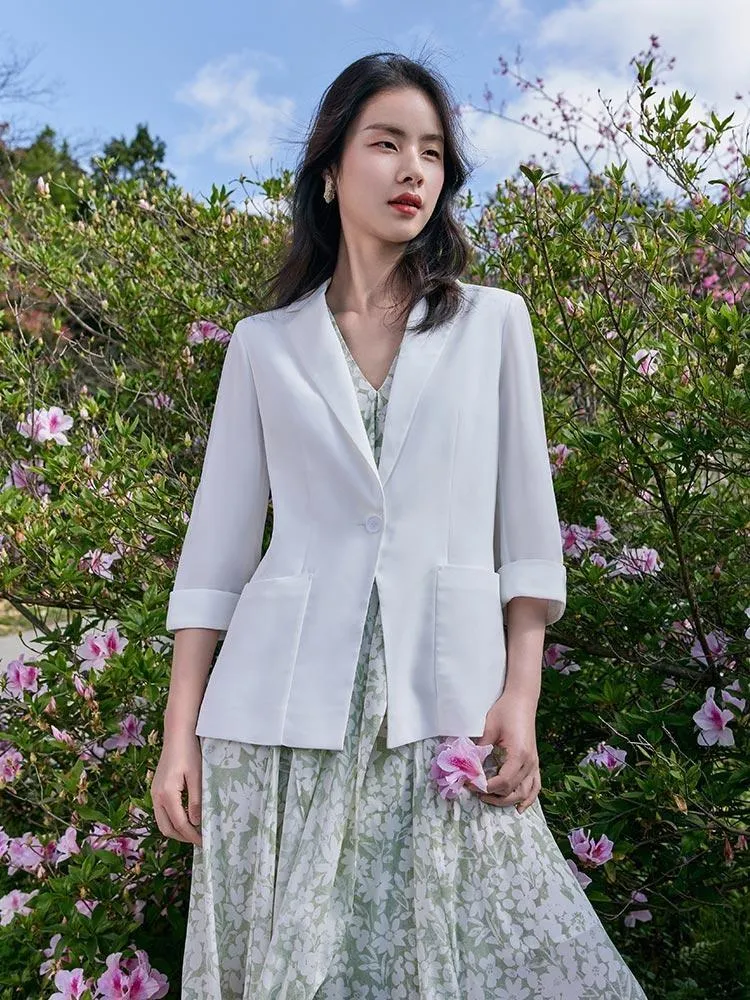 White Triacetate Three Quarter Sleeve Slim Women Blazer sold by Goelia product image thumbnail 4