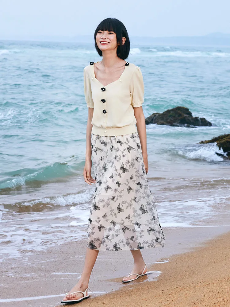 Mesh Embroidery Mid-Calf Women Skirt sold by Goelia