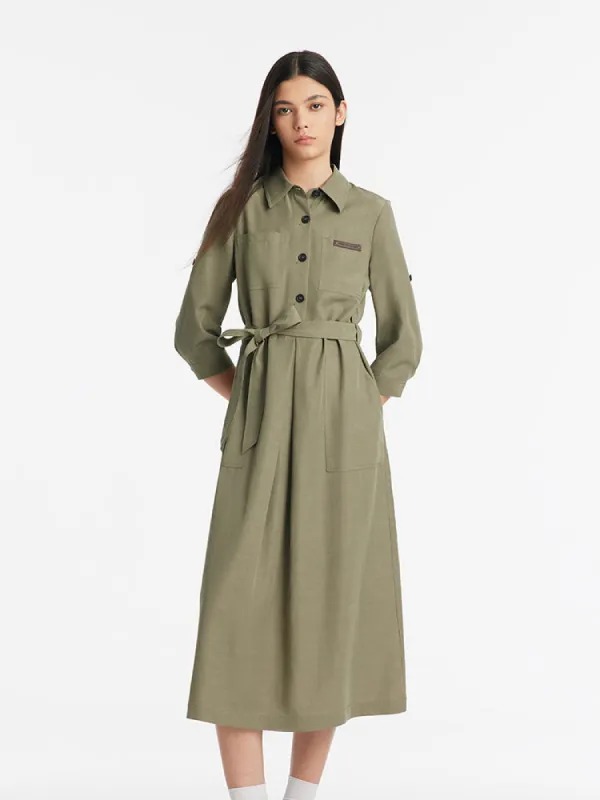 Single-Breasted Lapel Women Midi Dress With Belt And Patch Pockets sold by Goelia