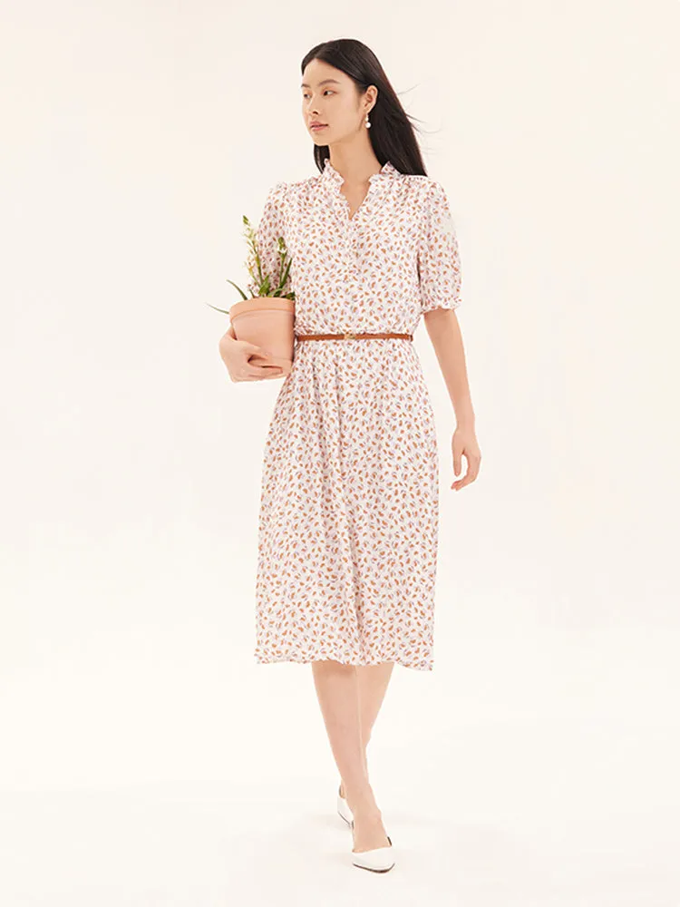 Ruffle Collar Print Gathered Waist Maxi Collared Dress sold by Goelia