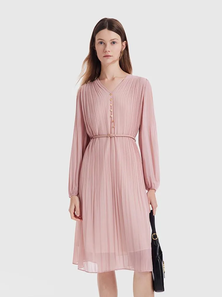 Pink Ruched Midi Dress With Belt sold by Goelia