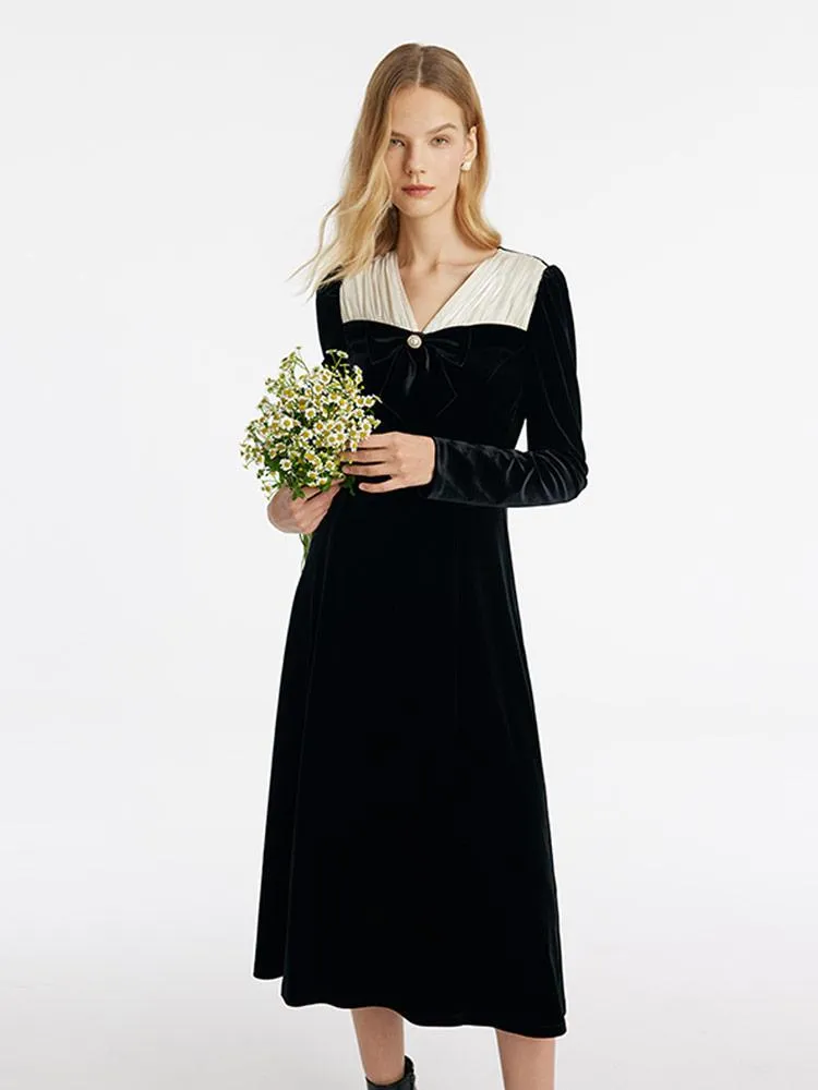 V-Neck Slim Velvet Women Midi Dress With Bowknot sold by Goelia