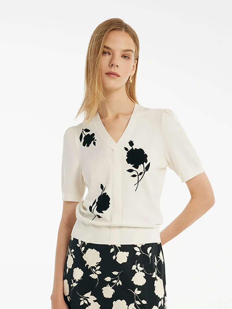 Black Rose Jacquard V-Neck Women Knit Top sold by Goelia product image thumbnail 4