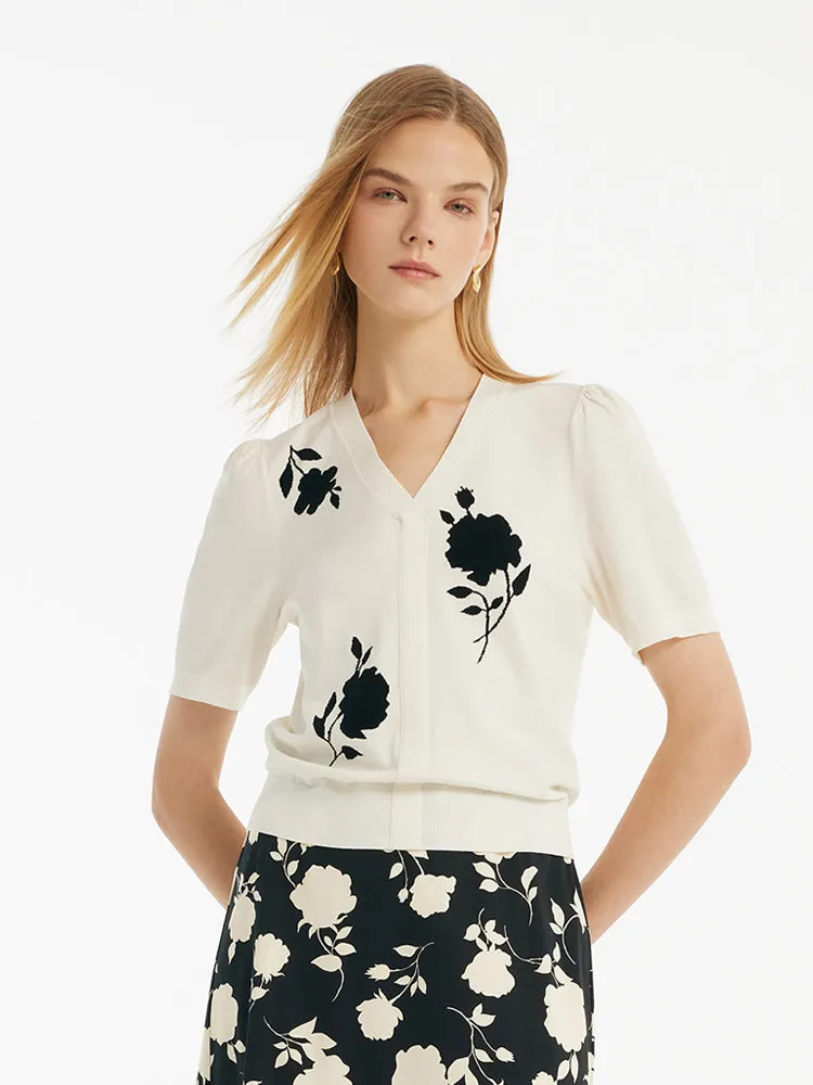 Black Rose Jacquard V-Neck Women Knit Top sold by Goelia