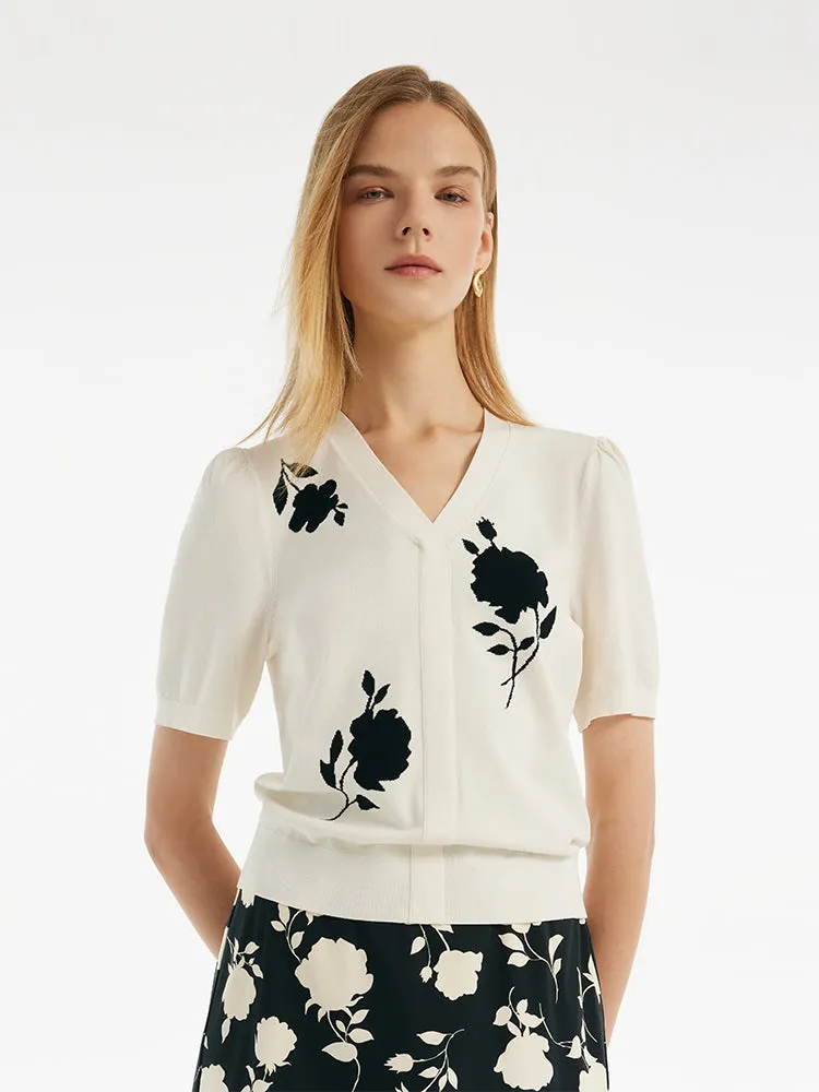 Black Rose Jacquard V-Neck Women Knit Top sold by Goelia product image thumbnail 5