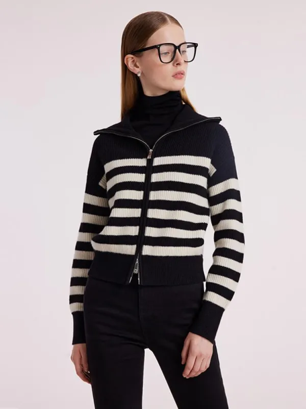 Woolen Knitted Stripe Women Cardigan sold by Goelia