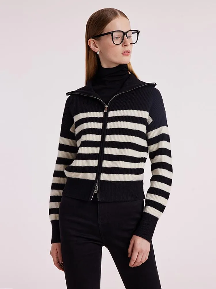 Woolen Knitted Stripe Women Cardigan sold by Goelia