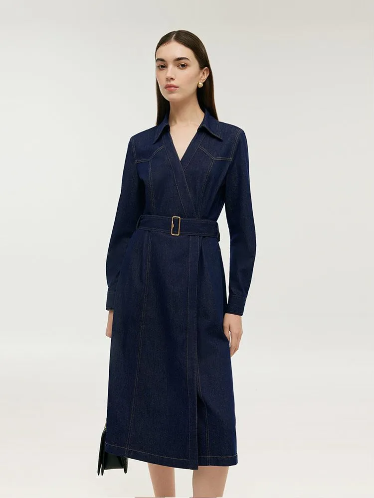 Denim Lapel Women Midi Dress With Belt sold by Goelia product image thumbnail 5