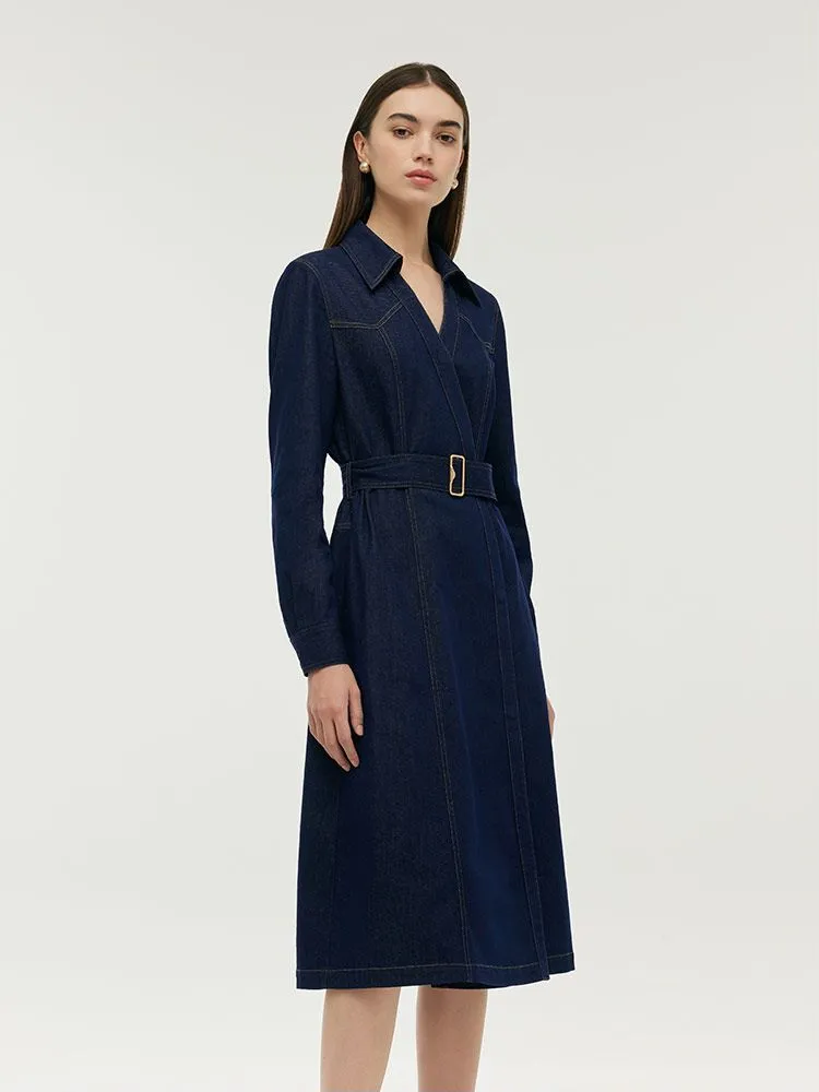Denim Lapel Women Midi Dress With Belt sold by Goelia product image thumbnail 4