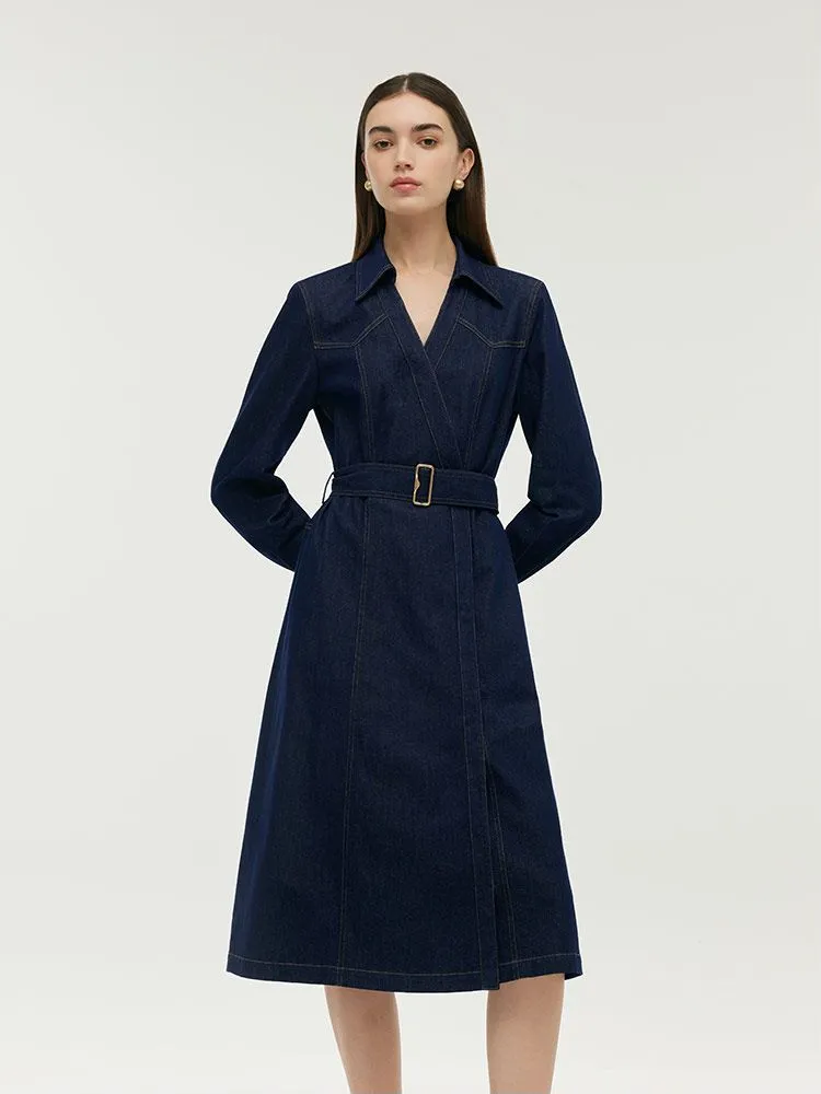 Denim Lapel Women Midi Dress With Belt sold by Goelia
