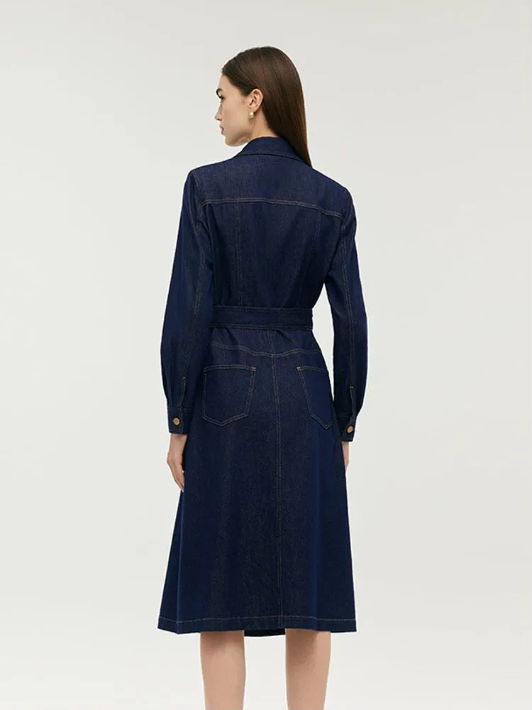 Denim Lapel Women Midi Dress With Belt sold by Goelia product image thumbnail 3