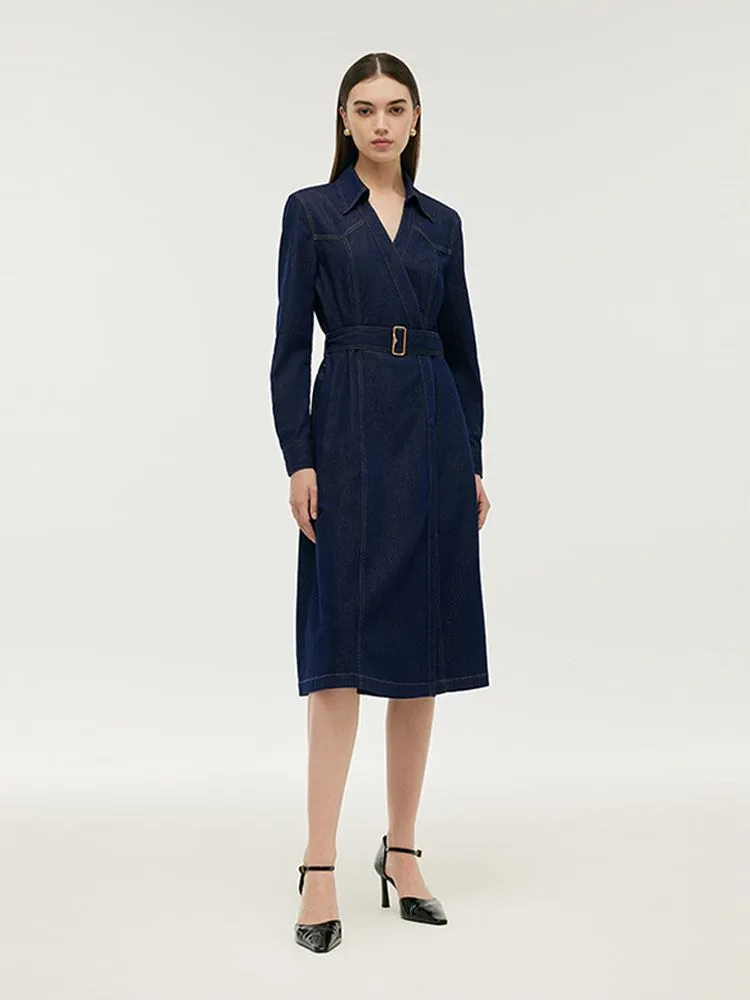Denim Lapel Women Midi Dress With Belt sold by Goelia product image thumbnail 2
