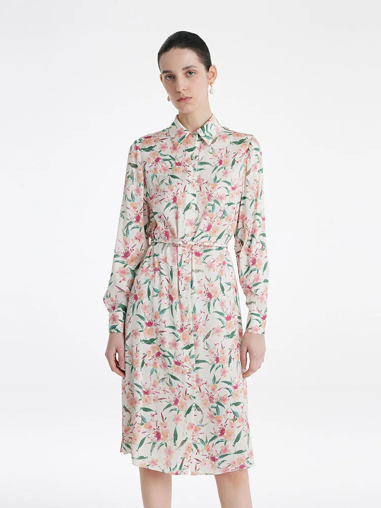 19 Momme Mulberry Silk Floral Print Women Midi Shirt Dress With Belt sold by Goelia
