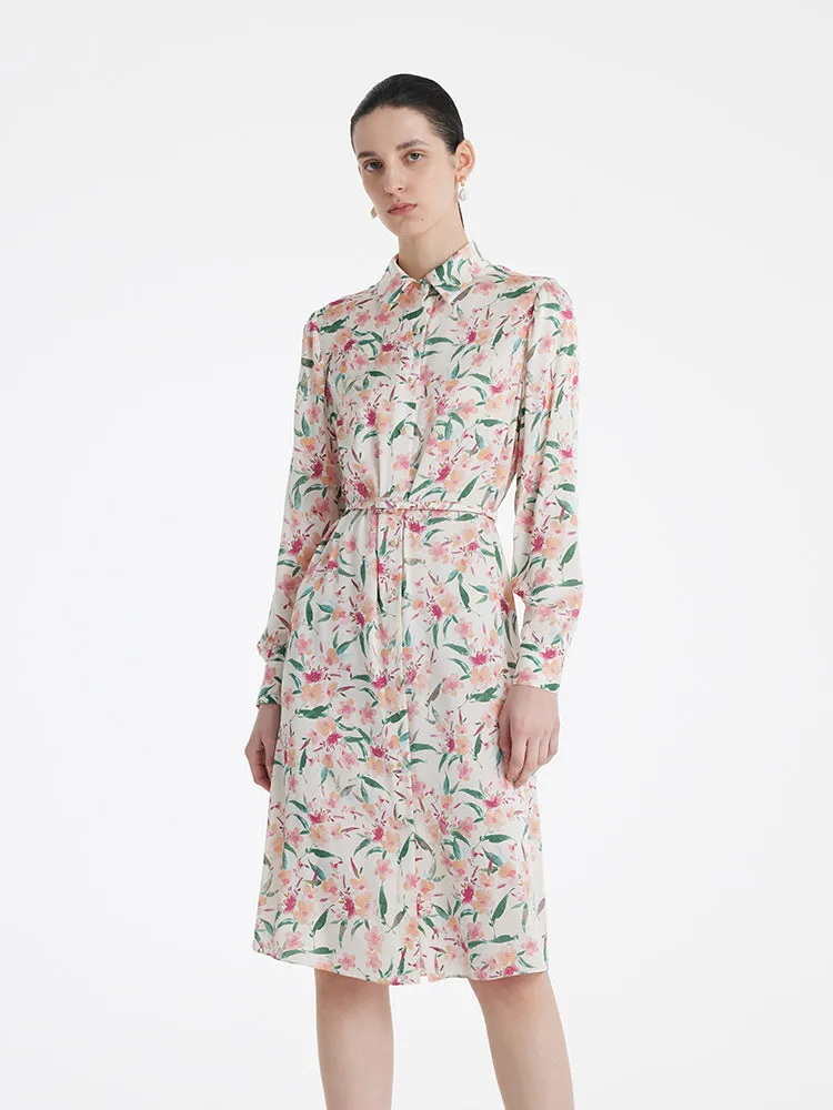 19 Momme Mulberry Silk Floral Print Women Midi Shirt Dress With Belt sold by Goelia product image thumbnail 3