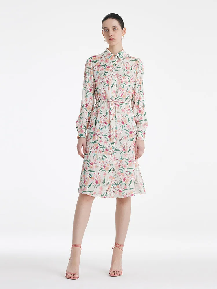 19 Momme Mulberry Silk Floral Print Women Midi Shirt Dress With Belt sold by Goelia product image thumbnail 2