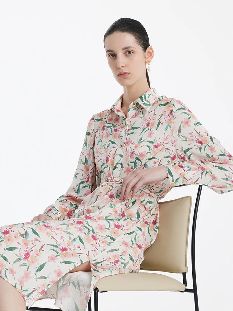 19 Momme Mulberry Silk Floral Print Women Midi Shirt Dress With Belt sold by Goelia product image thumbnail 4