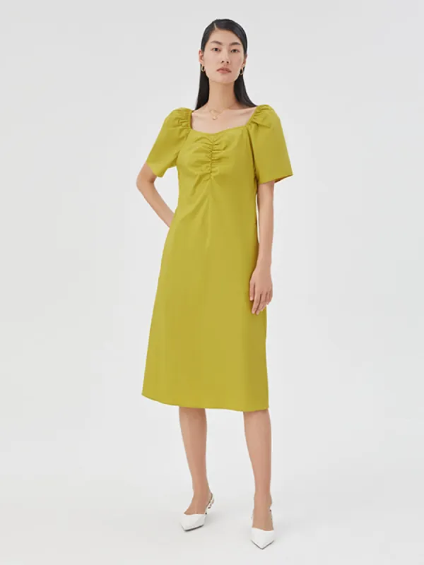 Puff Sleeve Gathered Pleated Midi Dress sold by Goelia