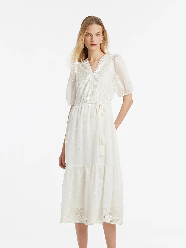 Tencel V-Neck Embroidered Women Maxi Dress With Belt sold by Goelia