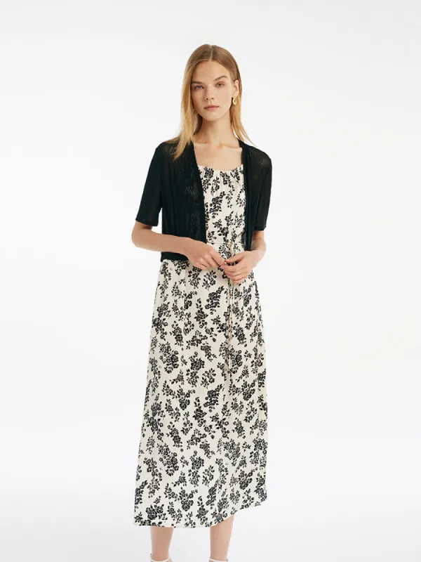 Camellia Print Spaghetti Strap Dress And Knitted Cardigan Two-Piece Set With Belt sold by Goelia