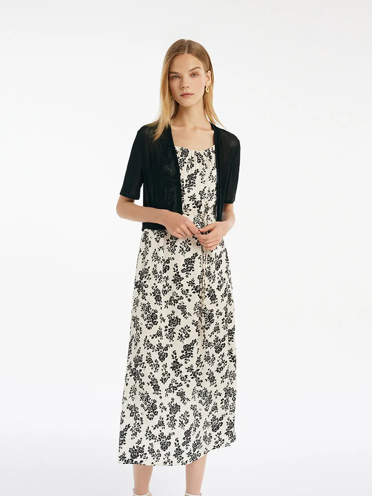 Camellia Print Spaghetti Strap Dress And Knitted Cardigan Two-Piece Set With Belt sold by Goelia