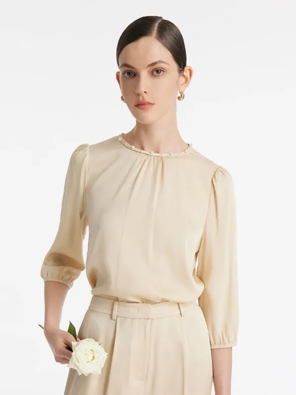 19 Momme Mulberry Silk Pearl Round Neck Ruched Women Blouse sold by Goelia