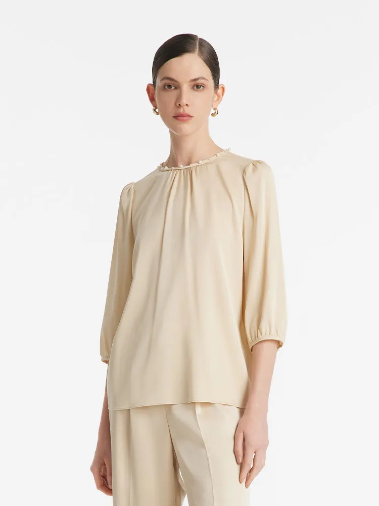 19 Momme Mulberry Silk Pearl Round Neck Ruched Women Blouse sold by Goelia product image thumbnail 3