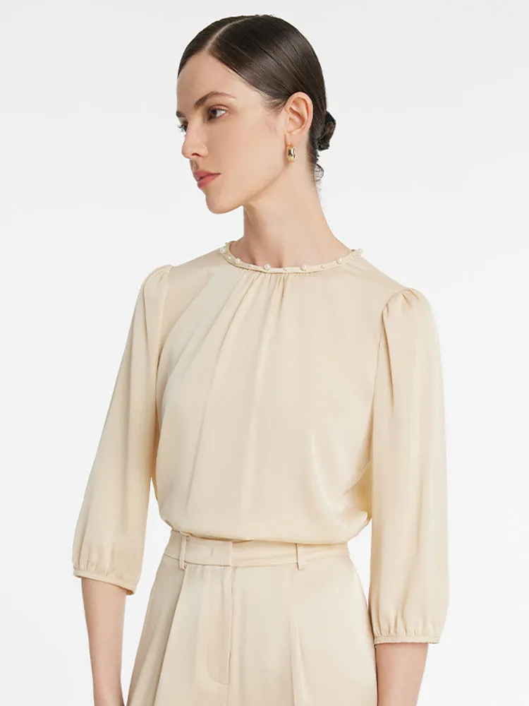 19 Momme Mulberry Silk Pearl Round Neck Ruched Women Blouse sold by Goelia product image thumbnail 4