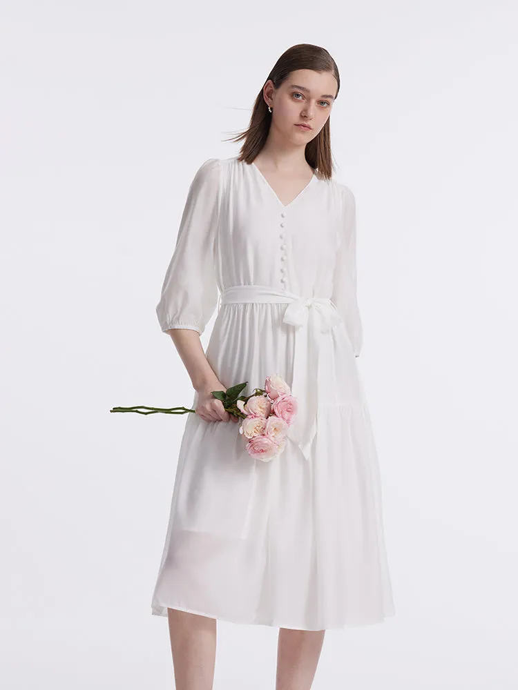 White V-Neck Gathered Waist Midi Dress sold by Goelia product image thumbnail 3