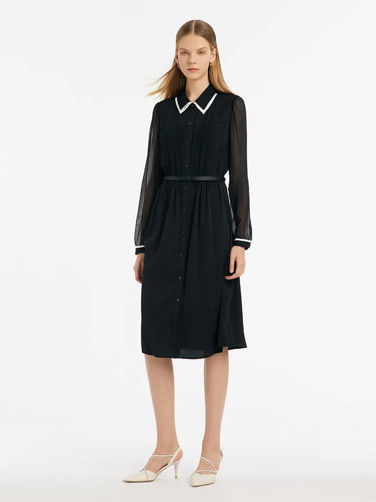 22 Momme Mulberry Silk Contrast Trim Women Midi Dress With Belt sold by Goelia product image thumbnail 2