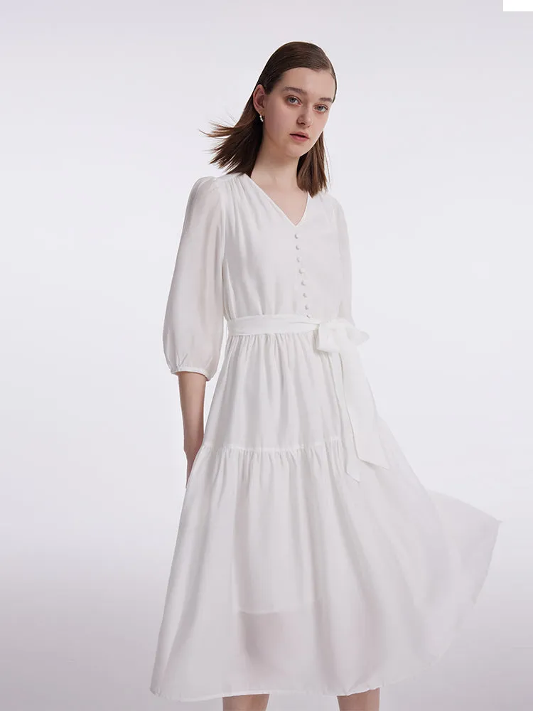 White V-Neck Gathered Waist Midi Dress sold by Goelia product image thumbnail 4